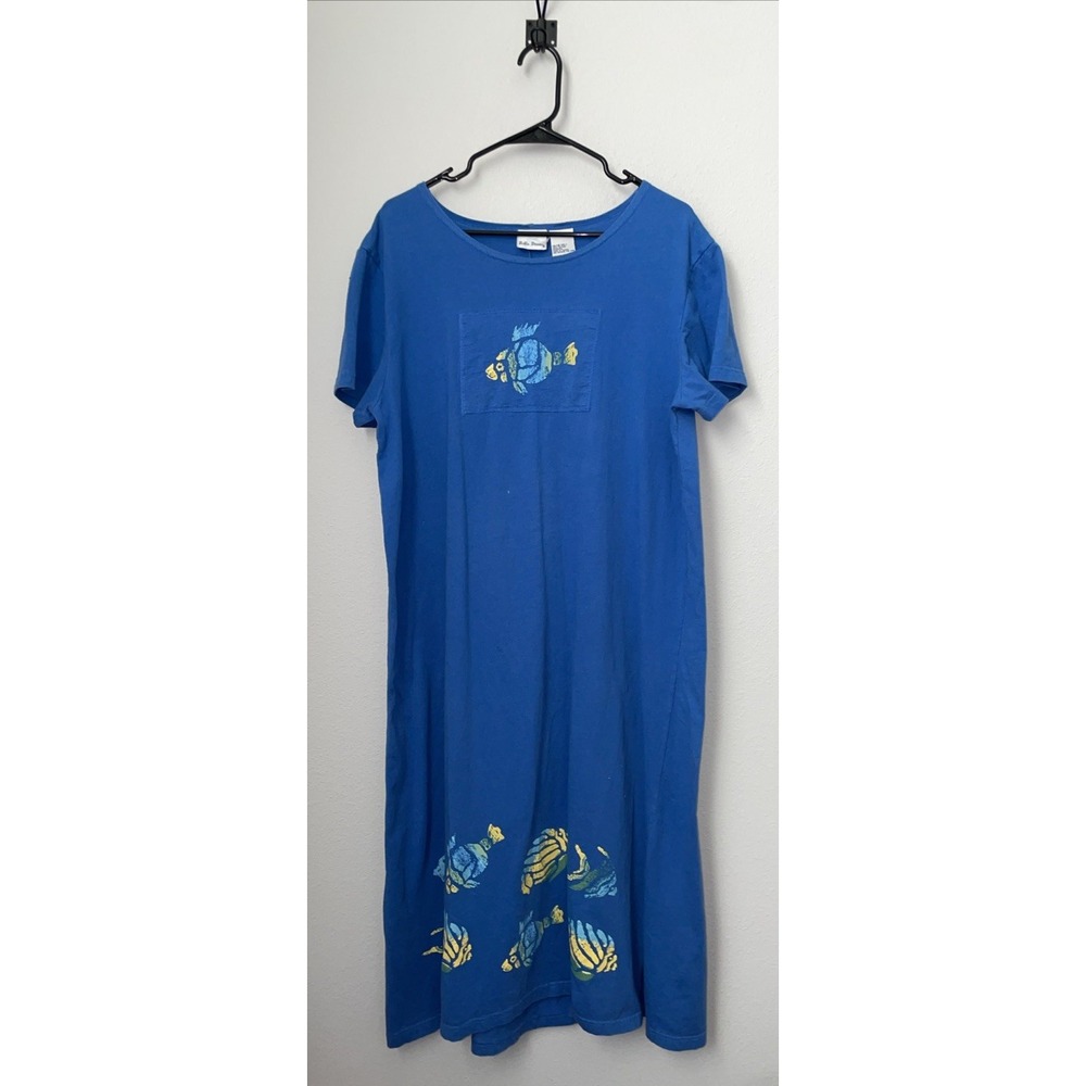 Vintage Bobbie Brooks Fish Blue Maxi Dress XL 16/18 Cotton 90s Boho BB-202